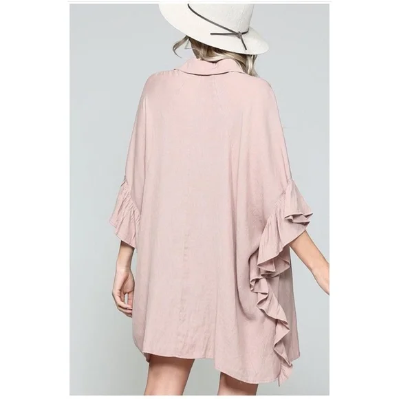 034 solid Oversized Button up Pocket Ruffle Sleeve Blouse - Picture 6 of 7